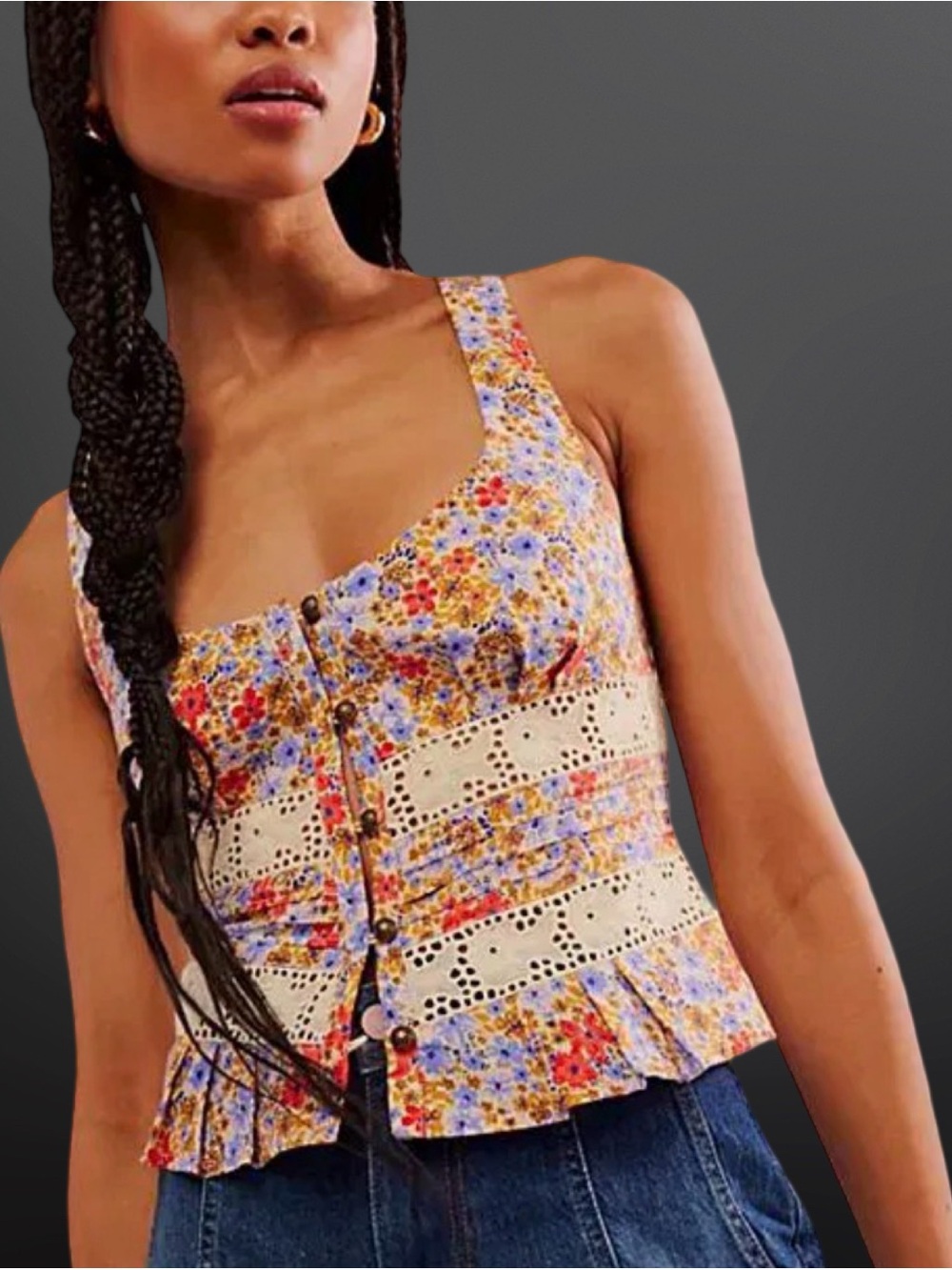 FREE PEOPLE Kianna Lace Printed Tank Top 🌸 Size Large
